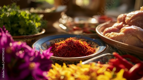 Vibrant saffron and fresh ingredients on table in sunlit kitchen photo