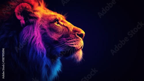Colorful lion profile on dark background, majestic portrait.