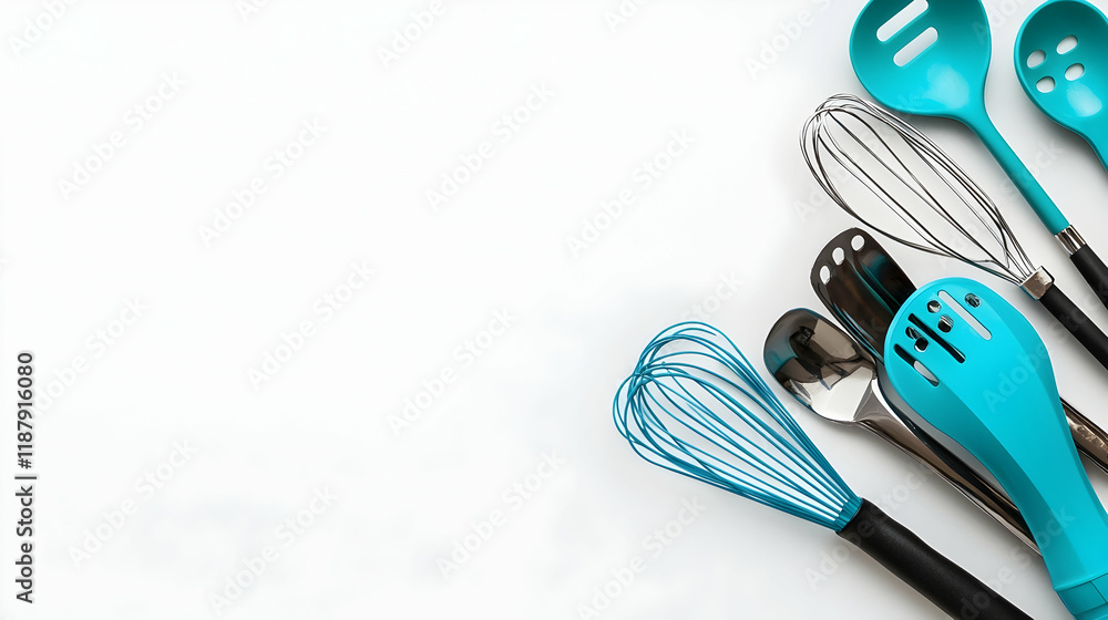 Teal kitchen utensils arranged on white background, copy space, cooking tools, baking accessories, recipe website Teal kitchen utensils arranged on white background, copy space, cooking tools, baking accessories, recipe website