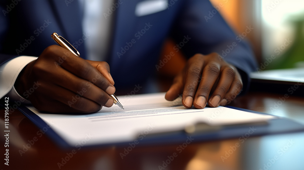 Professional man signing a document at a desk during a formal meeting in a contemporary office environment Professional man signing a document at a desk during a formal meeting in a contemporary office environment