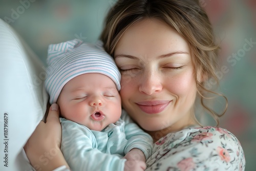 Young mother holding newborn baby in hospital, bonding and love in maternity ward photo