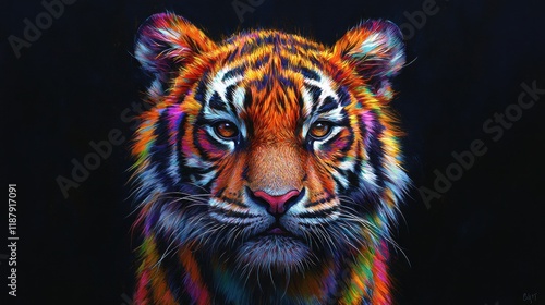 Colorful tiger portrait on dark background. photo