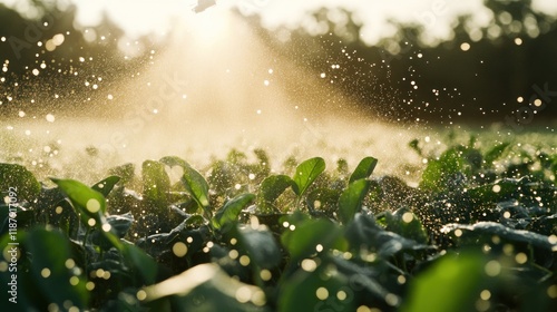 Sunlit soybean field being irrigated with water droplets visible.