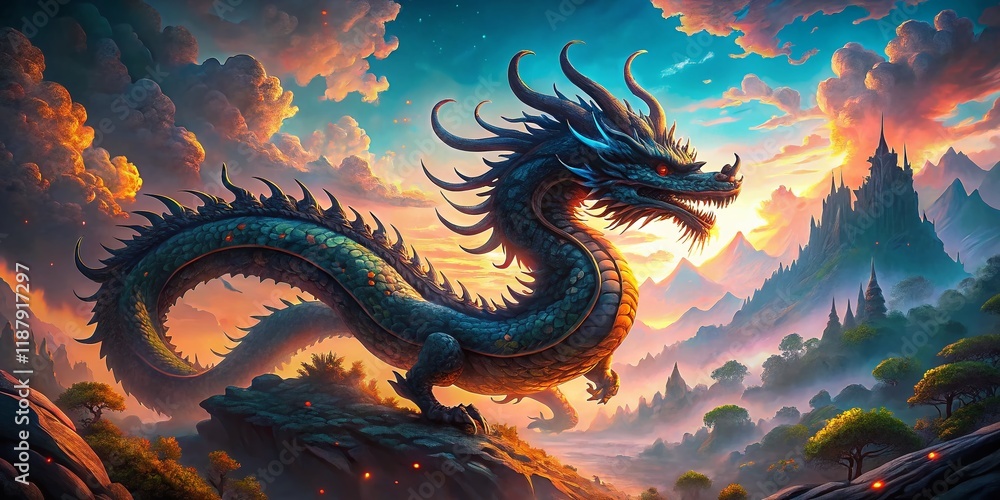 Panoramic Ink Dragon: Mythical Creature with Tethers, Fantasy Art Panoramic Ink Dragon: Mythical Creature with Tethers, Fantasy Art