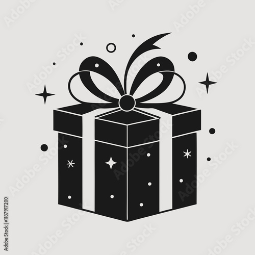 A black and white gift box icon with a festive bow and star.