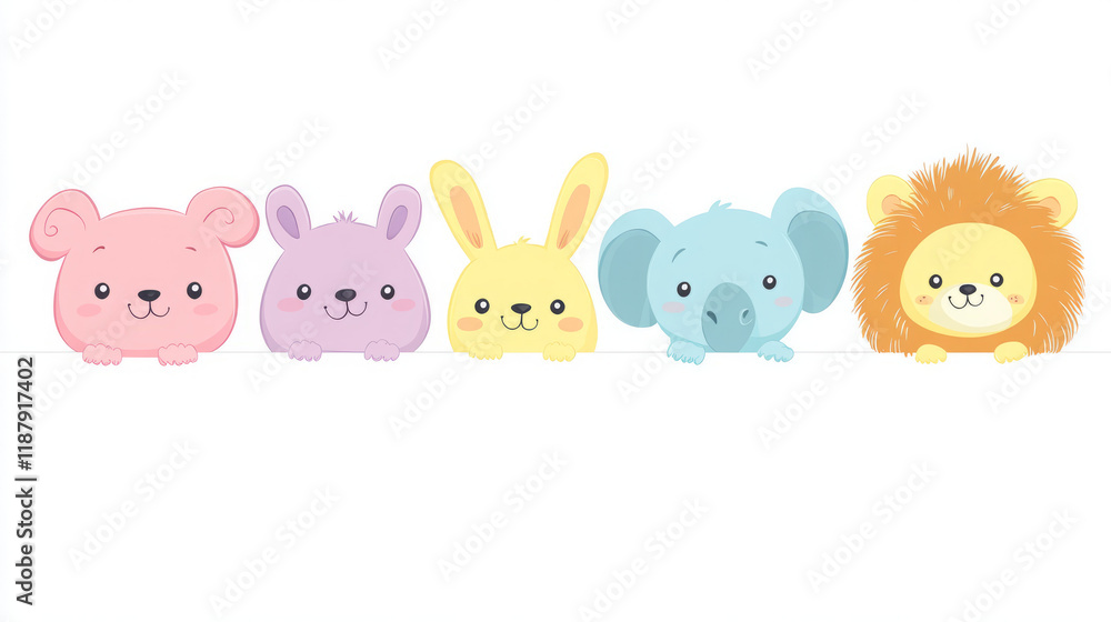 Obraz premium adorable cartoon animal faces peeking over white background in kawaii style vector illustration of pastel baby animals