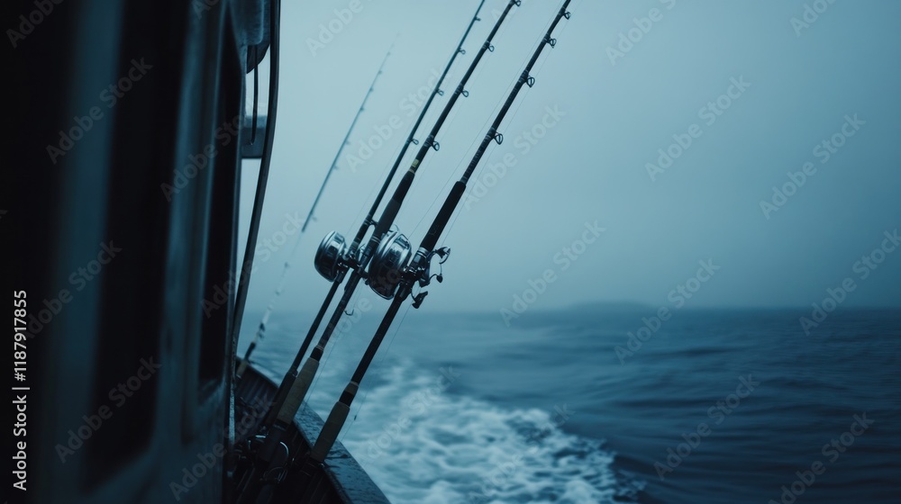 A fishing boat on a misty sea with fishing rods ready for use. A fishing boat on a misty sea with fishing rods ready for use.