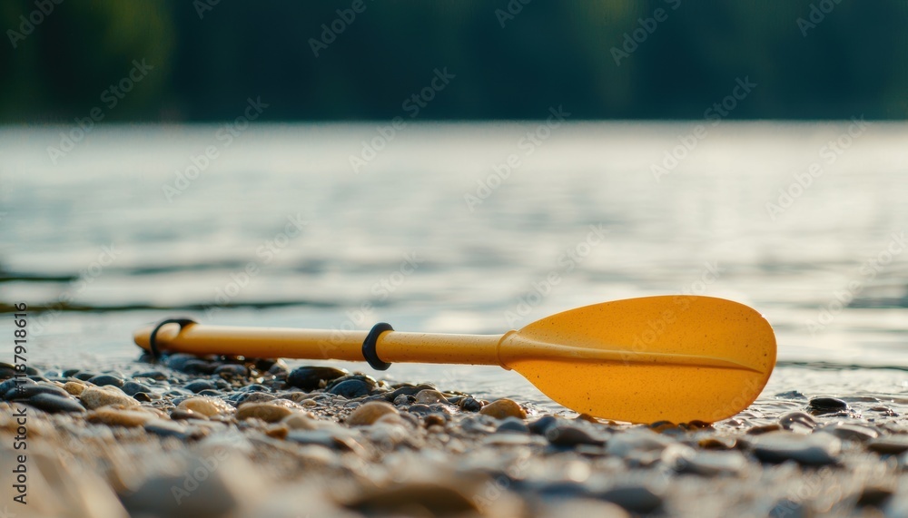 A yellow paddle rests on pebbles by the water's edge, reflecting tranquility and outdoor adventure in a serene natural setting. A yellow paddle rests on pebbles by the water's edge, reflecting tranquility and outdoor adventure in a serene natural setting.