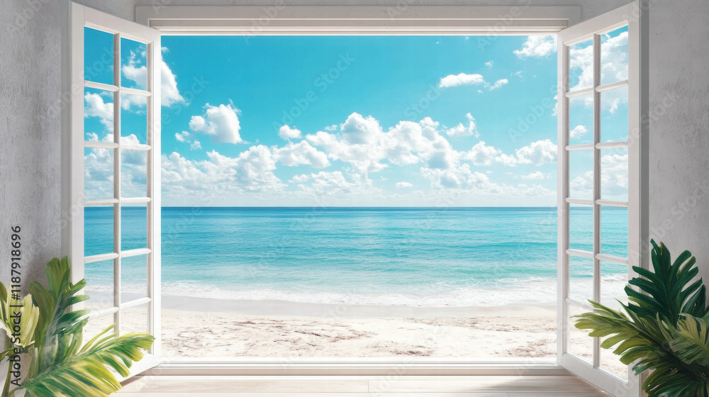 Fototapeta premium White window Beach window view Blue sky ocean view seaside tropical nature landscape scene scenery wallpaper