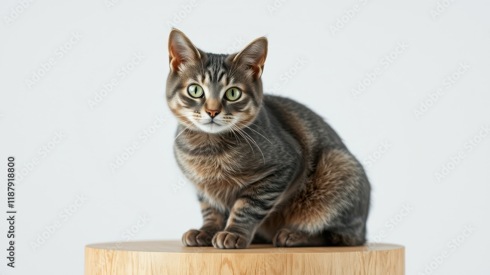 custom made wallpaper toronto digitalA Tabby Cat with Striking Green Eyes Sits on a Wooden Platform in a Studio Setting