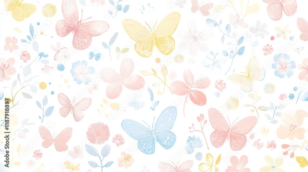 Pastel butterflies and flowers pattern, digital design, fabric print Pastel butterflies and flowers pattern, digital design, fabric print