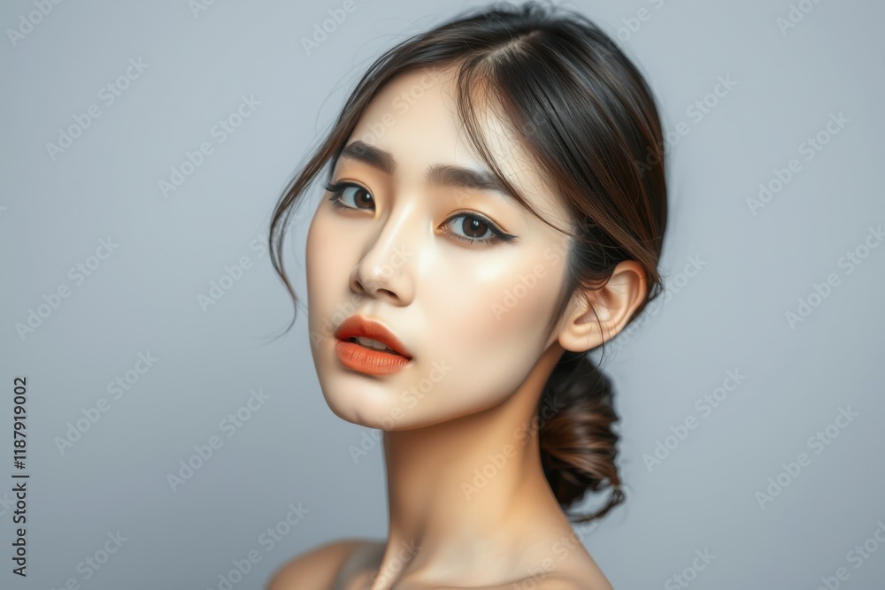 Graceful Asian woman with flawless skin, subtle winged eyeliner, and natural makeup, posing elegantly in a minimalist portrait. Perfect for beauty and skincare themes. Graceful Asian woman with flawless skin, subtle winged eyeliner, and natural makeup, posing elegantly in a minimalist portrait. Perfect for beauty and skincare themes.