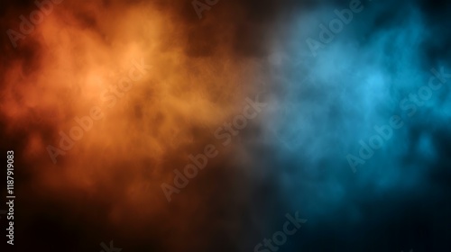 Abstract smoky orange and blue background; dark studio; contrasting colors; design element