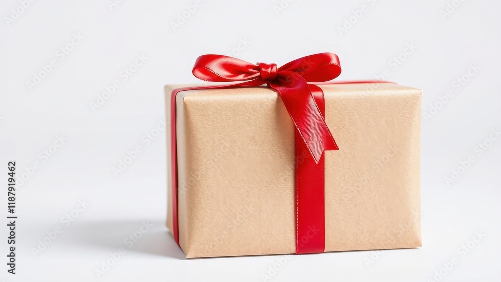 Obraz premium A simple brown gift box tied with a bright red satin ribbon, creating a classic and elegant present.