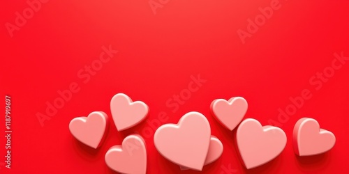 A cluster of pink heart shapes arranged in a cluster, resting against a bright red background.