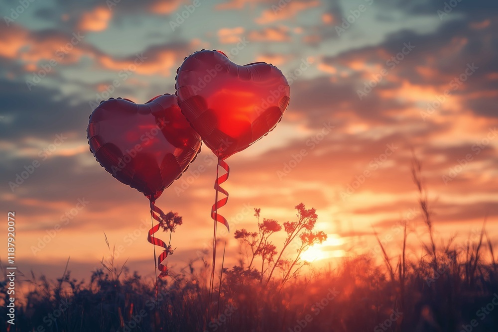 Fototapeta premium Giant Heart-Shaped Balloons Drift Over the Calm field grass as a Romantic Sunset Casts a Warm Glow Across the Sky, Celebrating Love and Connection