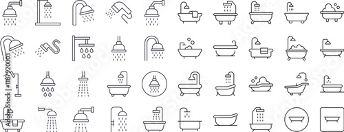 Collection of Shower and Bathtub Related Line Icons. Outline Signs for Graphic and Web Design, Apps, Adverts, Various Cards