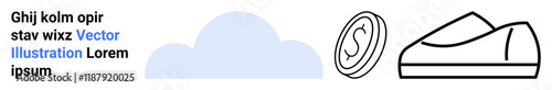 Cloud shape in light blue, dollar coin, and a sneaker outline in contemporary black and white. Ideal for technology, finance, e-commerce, sports, fashion, minimalism, and trend-related landing page