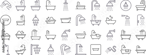 Set of Shower and Bathtub Related Line Icons. Outline Signs for Graphic and Web Design, Apps, Adverts, Various Cards