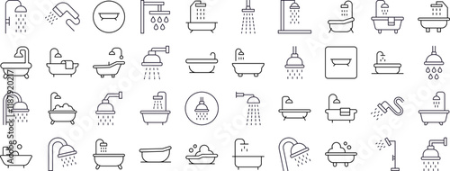 Pack of Shower and Bathtub Related Line Icons. Outline Signs for Graphic and Web Design, Apps, Adverts, Various Cards