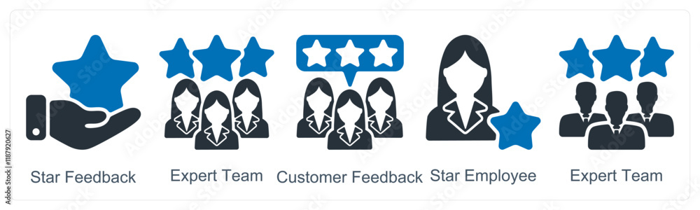 A set of 5 business icons as star feedback, expert team, customer feedback