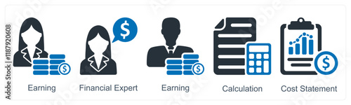 A set of 5 business icons as earning, financial expert, calculation