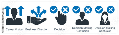 A set of 5 business icons as career vision, business direction, decision, decision making confusion