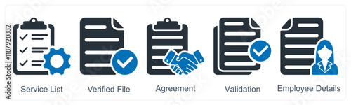 A set of 5 business icons as service list, verified file, agreement