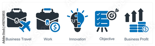 A set of 5 business icons as business travel, work, innovation