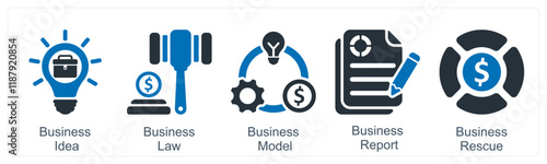 A set of 5 business icons as business idea, business law, business model