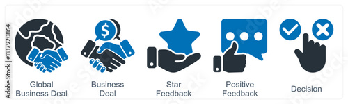 A set of 5 business icons as global business deal, business deal, star feedback