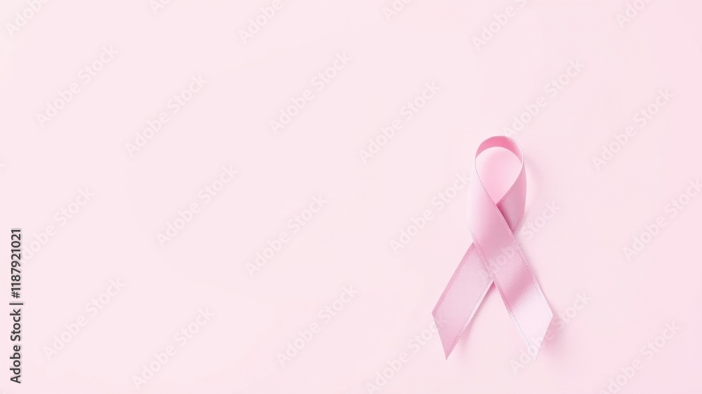 A Single Pink Ribbon on a Soft Pink Background, Representing Hope and Support for Breast Cancer Awareness A Single Pink Ribbon on a Soft Pink Background, Representing Hope and Support for Breast Cancer Awareness
