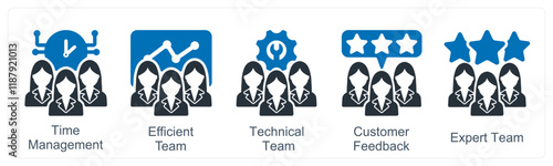 A set of 5 business icons as time management, efficient team, technical team