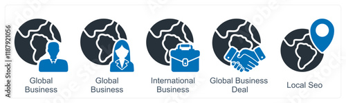 A set of 5 business icons as global business, international business, business deal