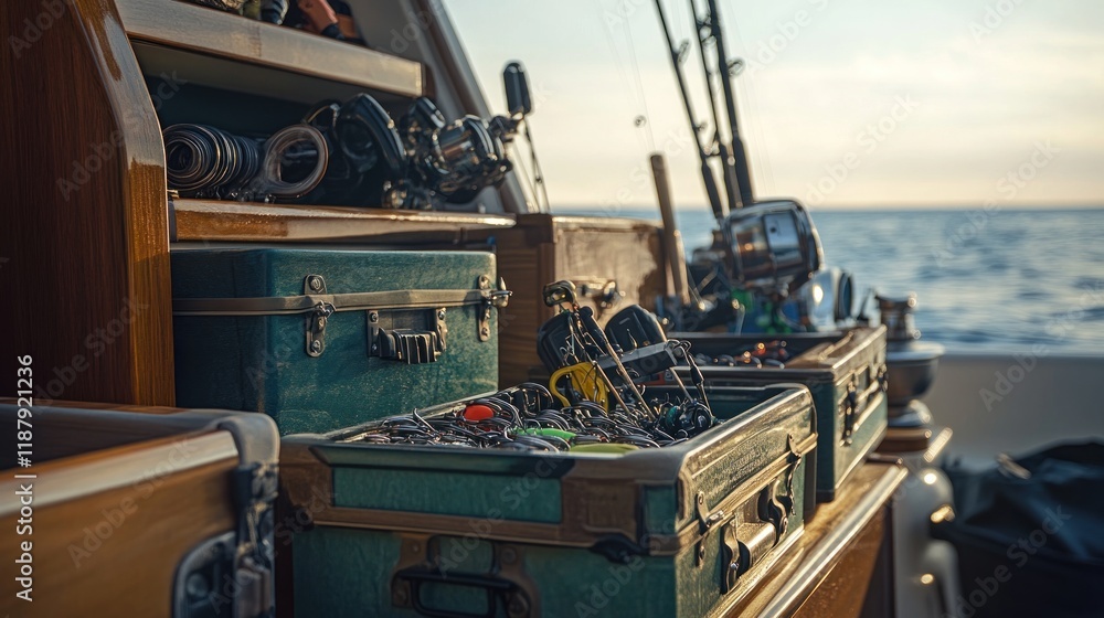 Fishing gear organized in wooden boxes on a boat deck at sea. Fishing gear organized in wooden boxes on a boat deck at sea.
