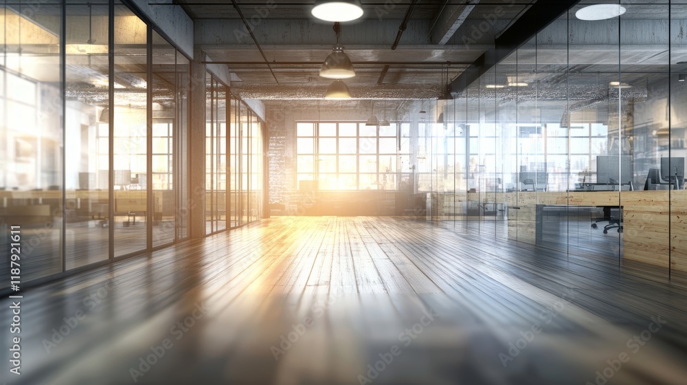 Beautiful blurred background of a modern Industrial office interior in Vintage tone with panoramic windows glass partitions and plywood Wooden floor Beautiful blurred background of a modern Industrial office interior in Vintage tone with panoramic windows glass partitions and plywood Wooden floor