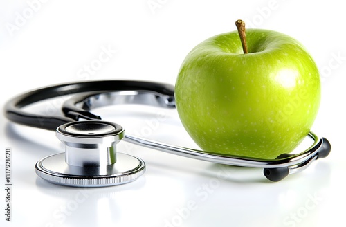 Green apple and stethoscope symbolizing health, nutrition, and medical wellness