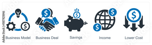 A set of 5 business icons as business model, business deal, savings