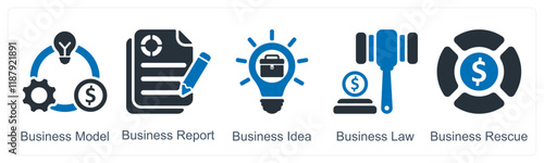 A set of 5 business icons as business model, business report, business idea