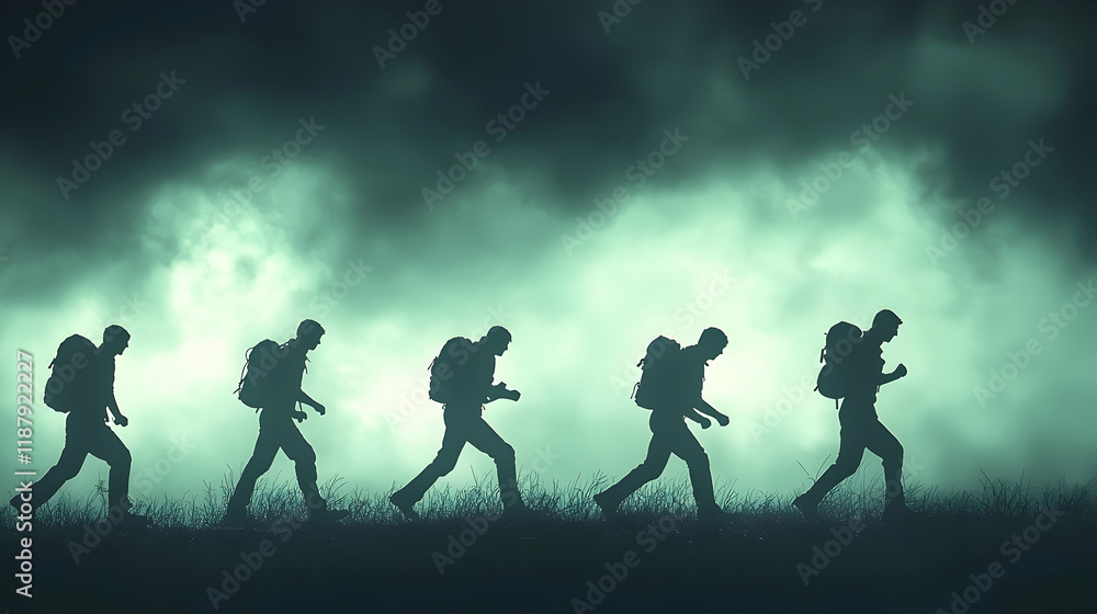Fototapeta premium Hikers Silhouette, Mountain Path, Foggy Night, Adventure Journey, Travel Poster