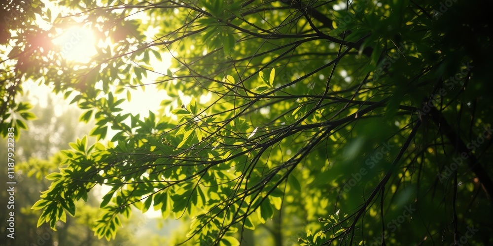 Obraz premium Sunlight filtering through a canopy of green leaves, creating a dappled pattern of light and shadow