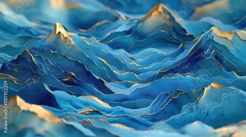 Abstract blue and gold mountain range illustration.