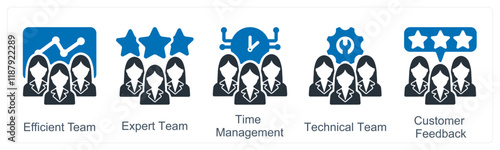 A set of 5 business icons as efficient team, expert team, time management