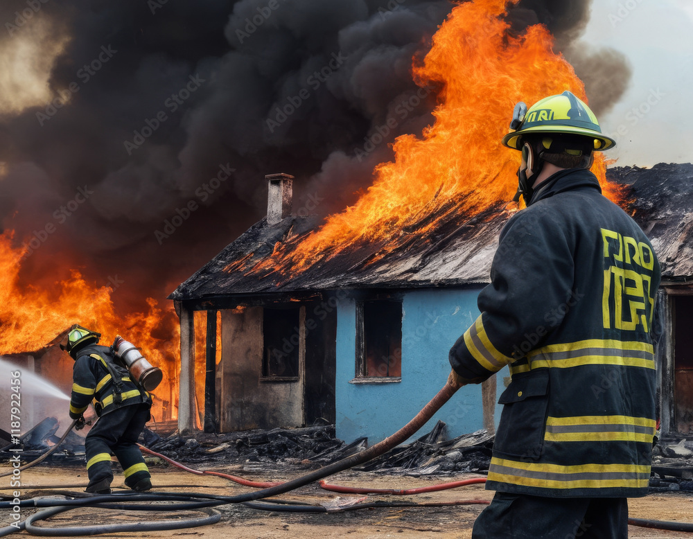 Obraz premium Firefighters battling house fire with intense flames and smoke. Generated AI.