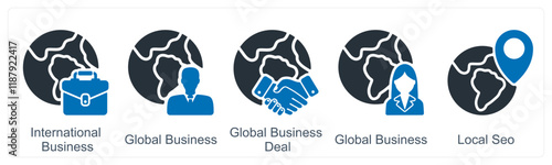 A set of 5 business icons as international business, global business, business deal