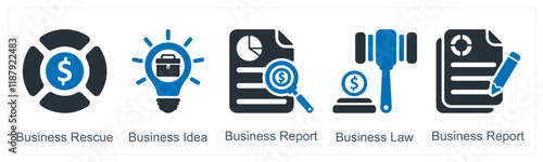 A set of 5 business icons as business rescue, business idea, business report
