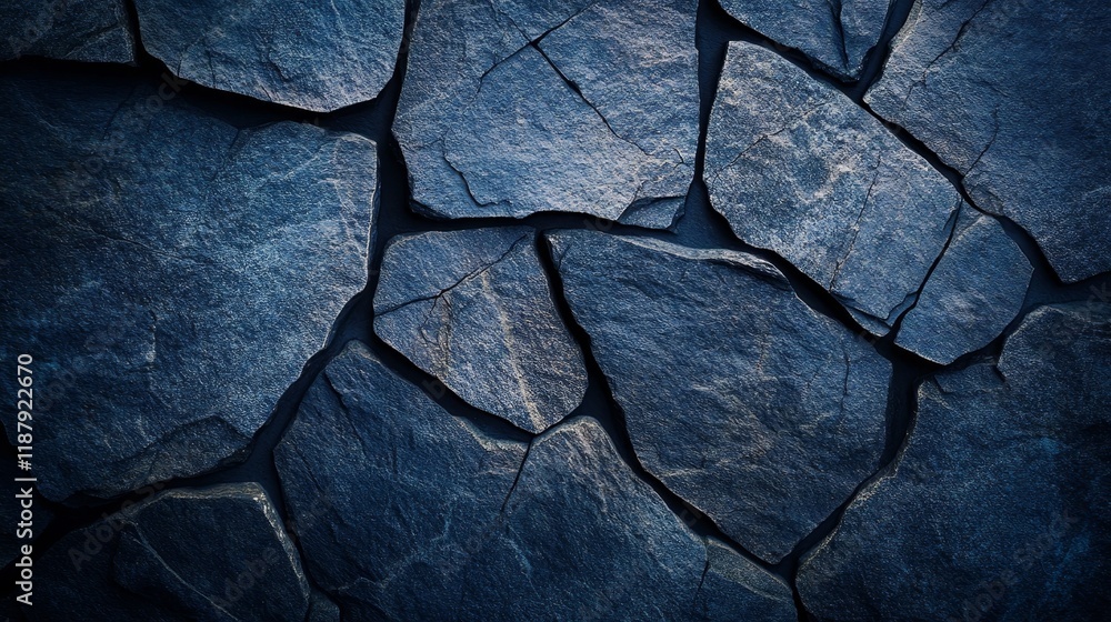 Fototapeta premium Close-up of dark blue slate stone texture with irregular patterns