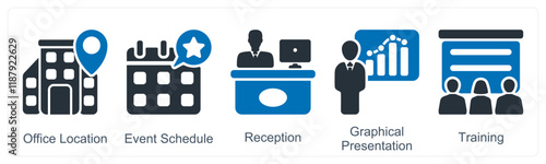 A set of 5 business icons as office location, event schedule, reception