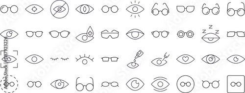 Pack of Eye and Glasses Related Line Icons. Outline Signs for Graphic and Web Design, Apps, Adverts, Various Cards