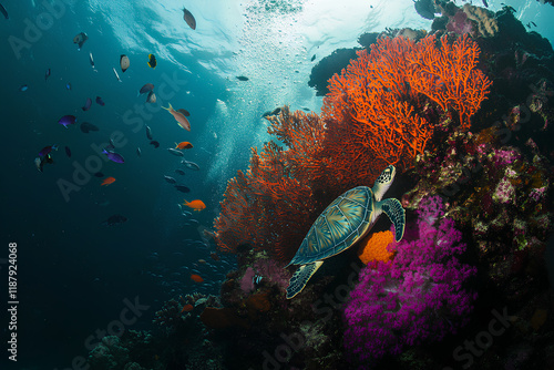 Colorful coral reef with fish in a tropical aquarium, showcasing vibrant underwater life and marine animals like sharks and divers exploring the deep ocean photo